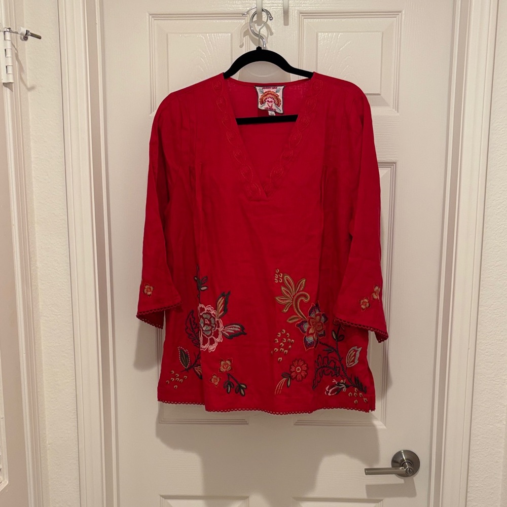 Johnny Was Red Embroidered V-Neck Tunic.  Never worn.